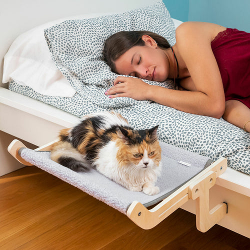 Cama hamaca para gatos Nuzzo sujeta junto a la cama con gato descansando